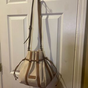 Bimba & Lola canvas khaki& tan leather trim and strap bucket style shoulder bag